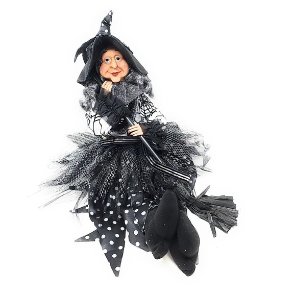 Halloween Witch 24" White Polka Dot Dress and Pointed Hat Party Decor Wreath Cen - Picture 2 of 6